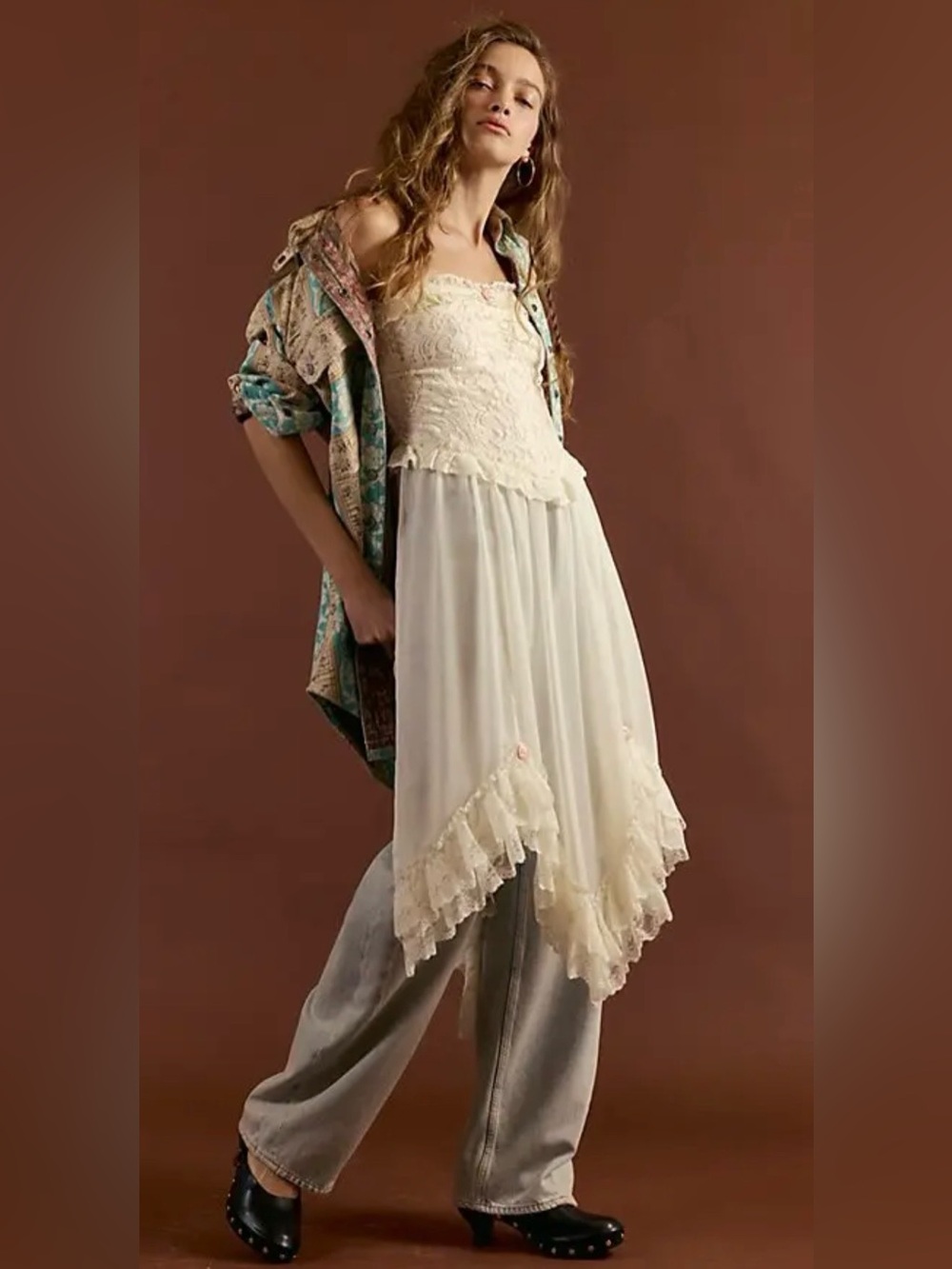 Free People Cream Lace Handkerchief Hem Tunic